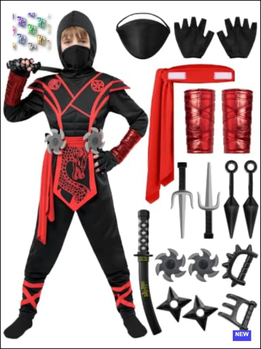 Kids Ninja Halloween Costume Jumpsuit Set with Mask Gloves Foam Daggers